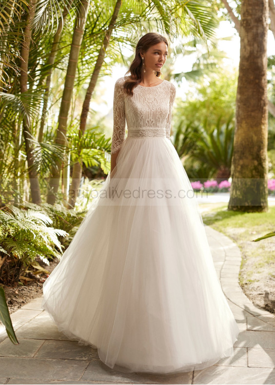 Beaded Ivory Delicate Lace Tulle V Back Romantic Wedding Dress